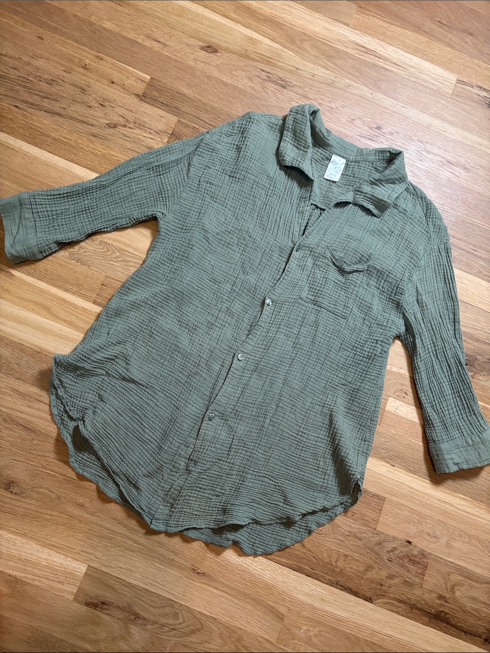 Kona Sol Olive Green Crinkled Button-Down Shirt